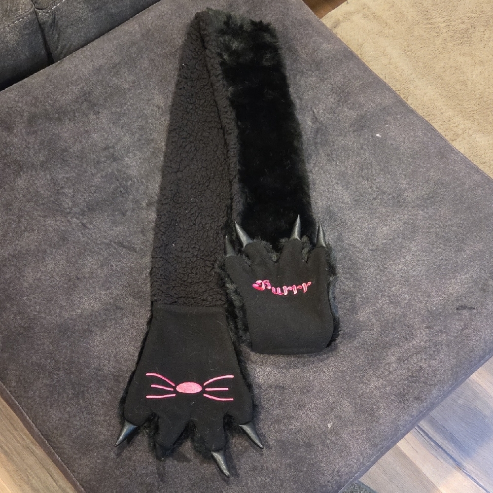 Furry Black and Pink Cat claw Paw Scarf with built In hand slots
